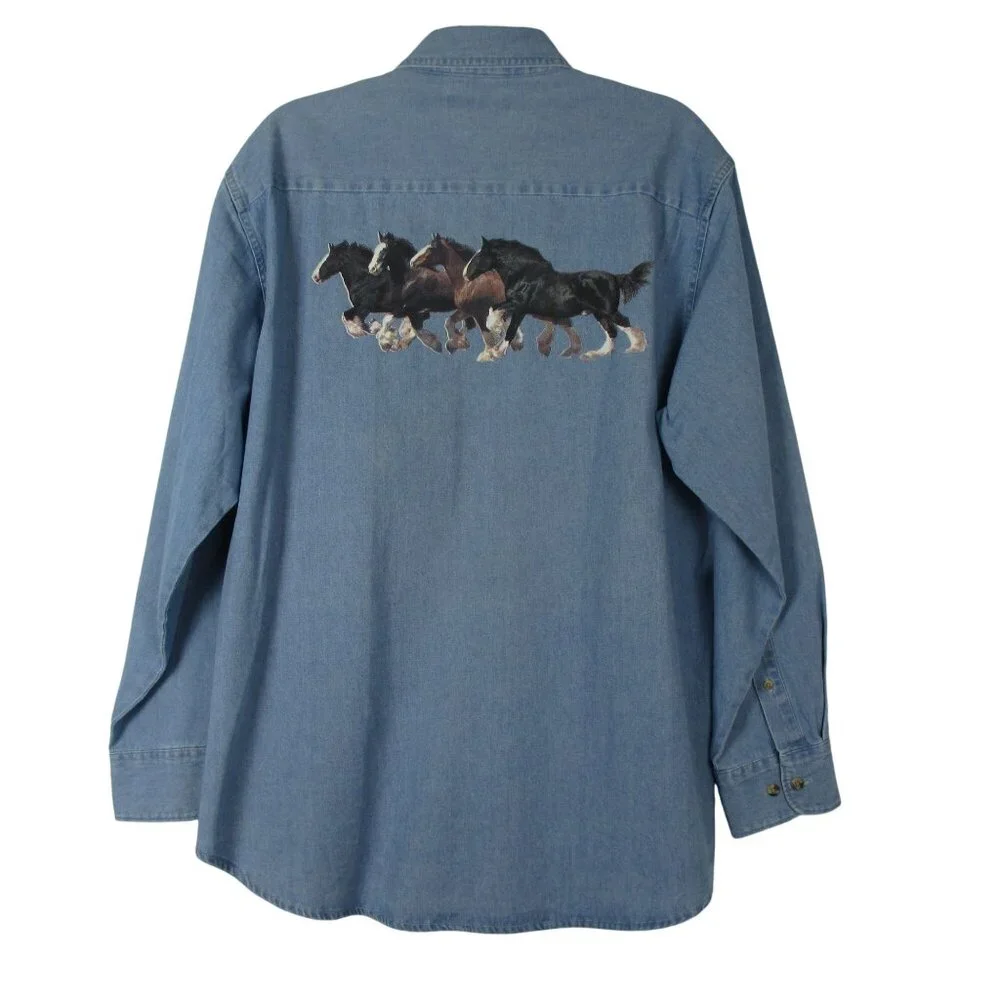 Jerzees Horse Denim Shirt Button Down Women's Cotton Size L Equestrian - Picture 4 of 8